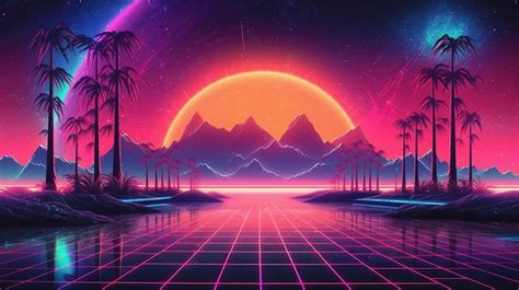 Premium AI Image | A retro 80s background with mountains and a neon ...