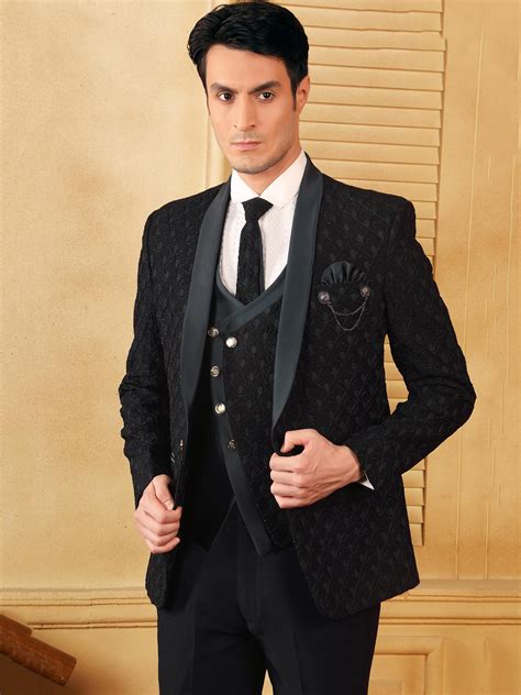 Readymade Black Embroidered Tuxedo Suit For Men