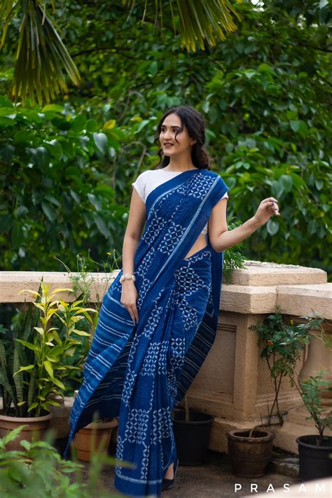 Indigo Blocks Natural Dye Block Print Cotton Saree Prasam Crafts