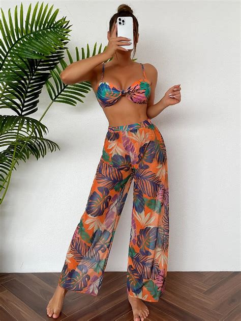 Pcs Tropical Print High Cut Bikini Swimsuit With Cover Up Women S Store