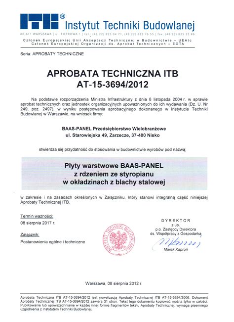 Certyfikaty I Atesty Informacje Techniczne Baas Panel