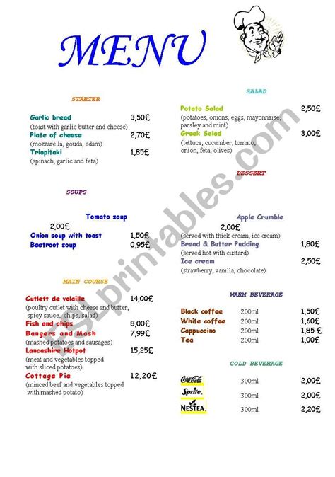 menu restaurant esl worksheet  lumpicha