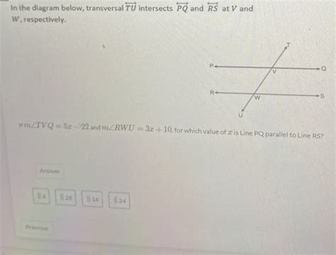 Solved In The Diagram Below Transversal Overleftrightarrow Tu