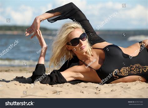 Sexy Blonde Black Bikini On Beach Stock Photo Edit Now 657671362