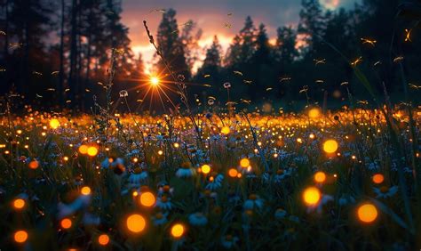 premium photo magical glowing meadow fireflies  dusk