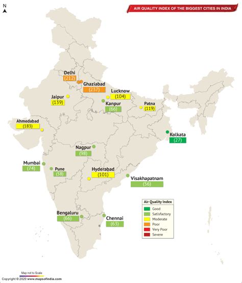 Map Showing Air Quality Index Of The Important Cities In India As On