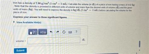 Solved Iron Has A Density Of 7 86 G Cm3 1 Cm3 1 ML Chegg