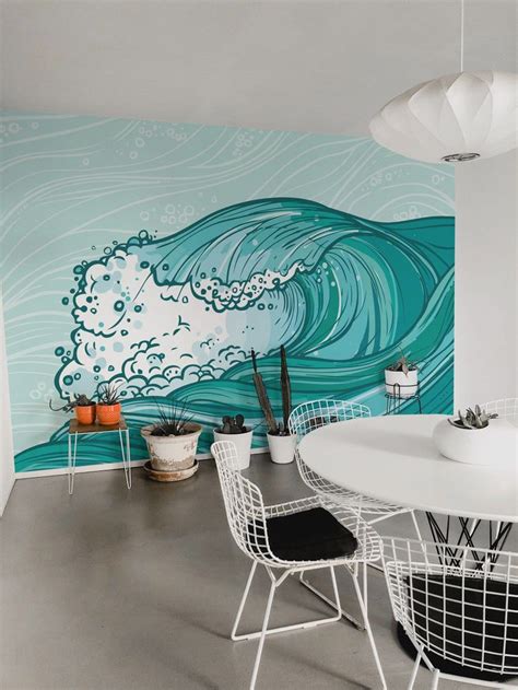 Wave Removable Vinyl Mural Peel And Stick Ocean Pattern Wallpaper Peel And Stick Or Non Pasted