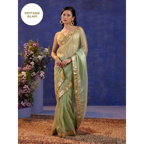 Buy Gajra Gang Vintage Rani Green Sequin Scallop Border Saree Free