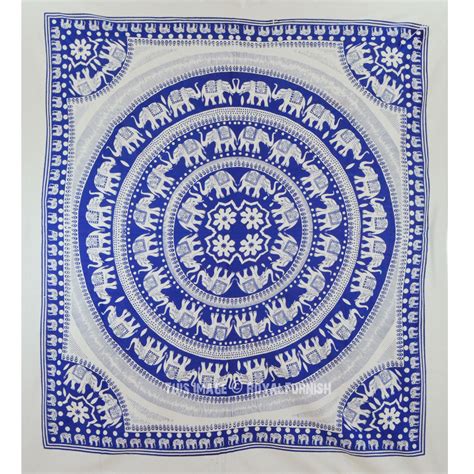 Blue And White Fringed Elephant Mandala Wall Tapestry Indian Cotton