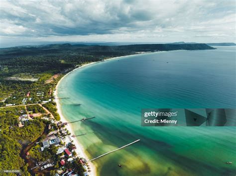 cambodia koh rong island royal beach aerial drone view high res stock