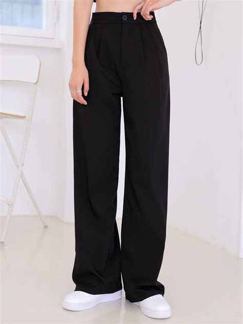 High Waist Fold Pleated Suit Trousers Pantsuit Womens Black Pants