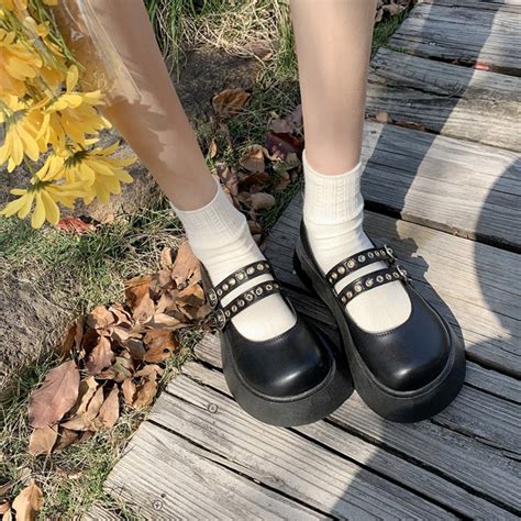 NOWSHIP Giày Lolita Nữ Mary Quai Ngọc Hột Soàn Cài Thời Trang Phối Nơ Màu Đen Kem Hot Mới Học