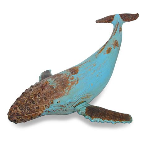 Verdigris Finish Humpback Whale Wood Look Statue Sculptures - Tanga