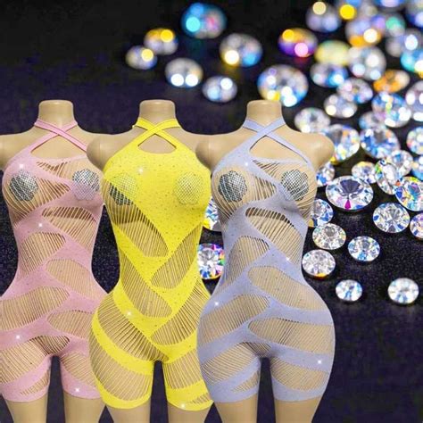 Exotic Pole Dance Wear Fishnet Lingerie Bodycon Jumpsuits Rhinestone Dance Costumes Exotic