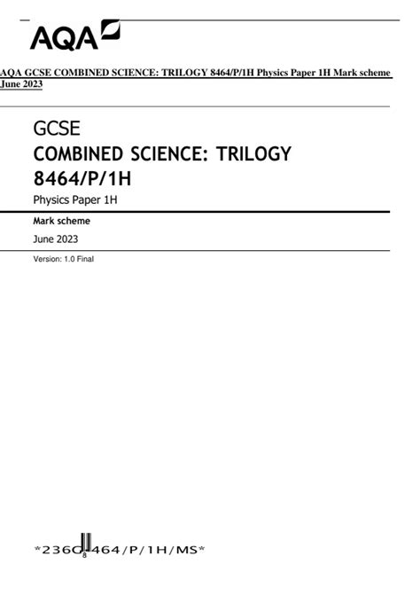 AQA GCSE COMBINED SCIENCE TRILOGY 8464 P 1H Physics Paper 1H Mark