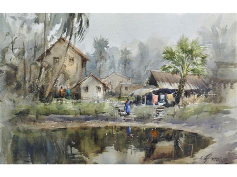 A Village Life Watercolor Painting By Achintya Hazra Exotic India Art