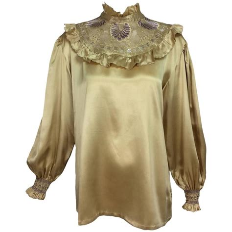 Vintage Pierre Cardin Intricately Embroidered Gold Silk Satin Blouse