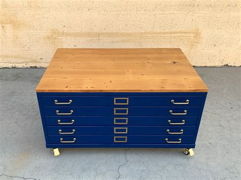 Vintage Flat File Coffee Table Custom Refinished In Midnight Blue With Reclaimed Wood Rehab