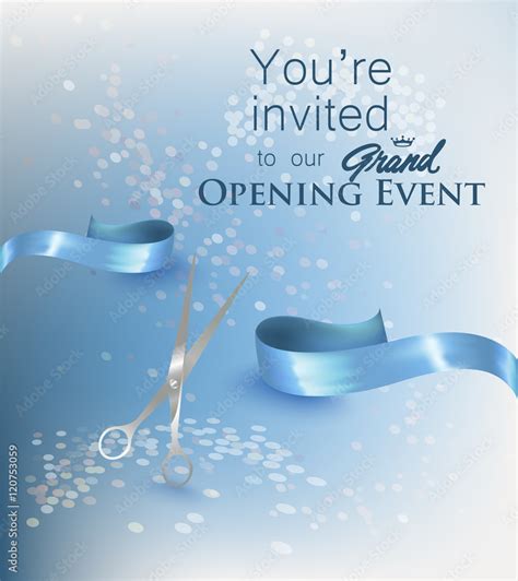 Ribbon cutting ceremony invitation card with blue cut ribbon and ...