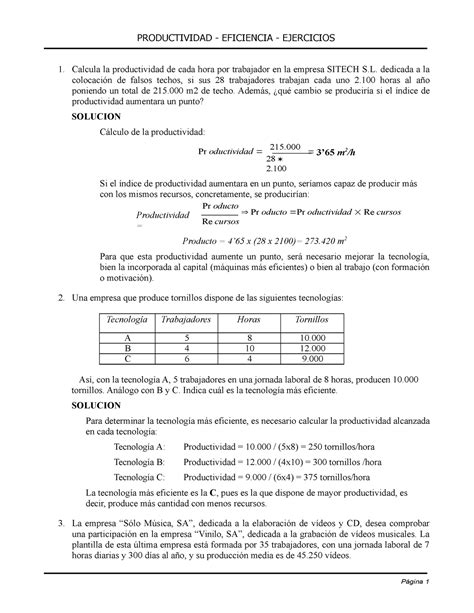 Ejercicios Resueltos De Productividad Y Eficiencia Productividad