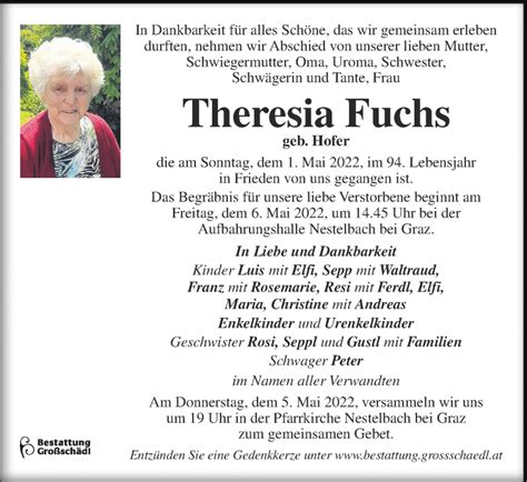 Traueranzeigen Von Theresia Fuchs Trauer Kleinezeitung At