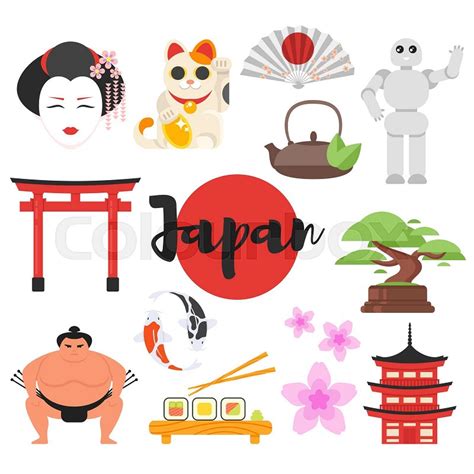 Japan map with Japanese national cultural symbols. Isolated on white ...