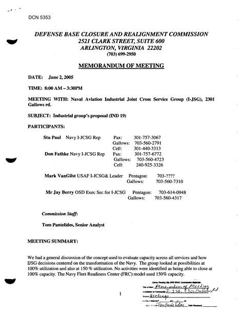 Memoranda Of Meetings Defense Base Closure And Realignment Commission