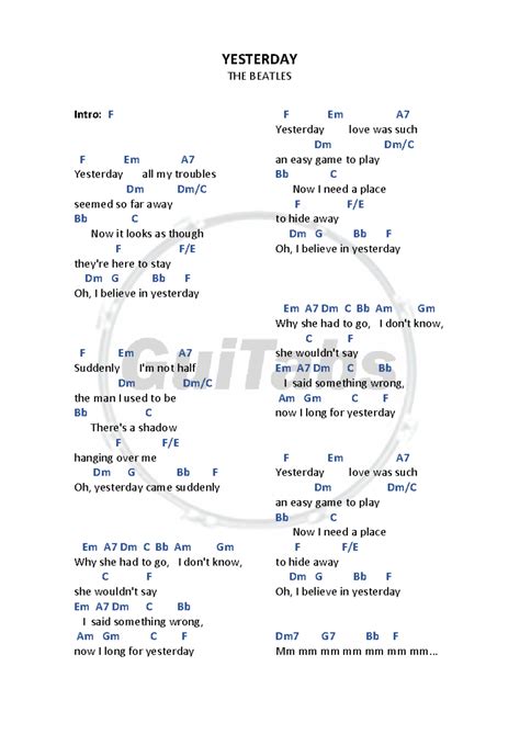 Yesterday Standard Tuning Lyrics And Chords Yesterday The Beatles