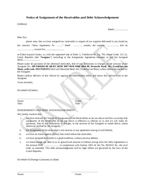 Notice Of Assignment Of The Receivables And Debt Doc Template Pdffiller