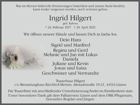 Traueranzeigen Von Ingrid Hilgert Trauer In NRW De