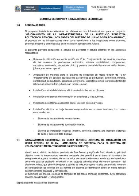 Memoria Descriptiva Instalaciones Eléctricas Juan Pablo Quispe Apaza