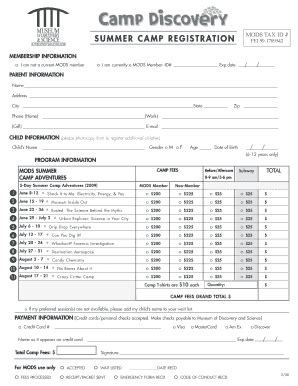 Fillable Online Summer Camp Registration Mods Tax Id Fax Email Print