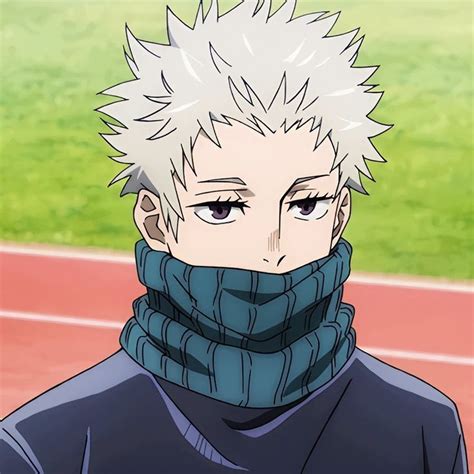 An Anime Character With White Hair Wearing A Blue Scarf And Black