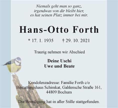 Traueranzeigen Von Hans Otto Forth Trauer In Nrw De