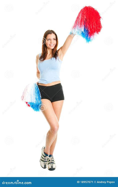 Fille De Sourire De Majorette Posant Avec Des Poms De Pom Image Stock