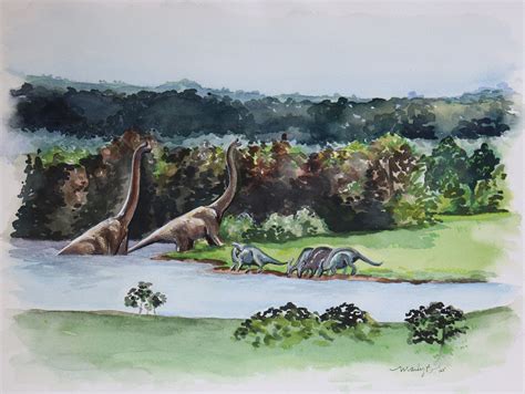 Watercolor Print. / Dinosaur Park, Jurassic painting/ They do move in ...