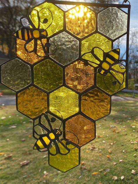 Stained Glass Honeycomb With Bees Suncatcher Handmade Organic Living Etsy Canada Glass Art