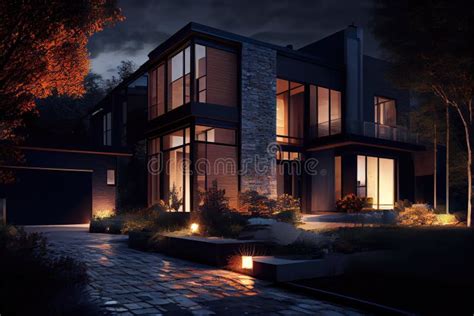 A Modern House with Exterior Lighting Creating a Warm and Inviting ...