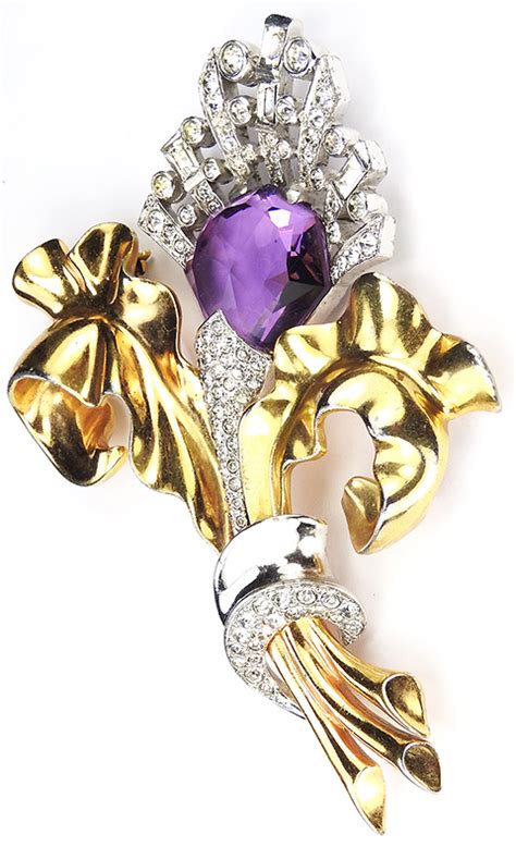 Mb Boucher Gold Pave And Heptagon Cut Amethyst Double Leaves With Bow