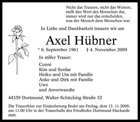 Traueranzeigen von Axel Hübner Trauer in NRW de