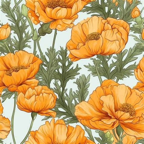 Premium Photo Seamless Pattern With Orange Flowers On A Blue Background