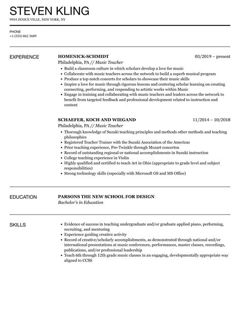 Music Teacher Resume Samples | Velvet Jobs