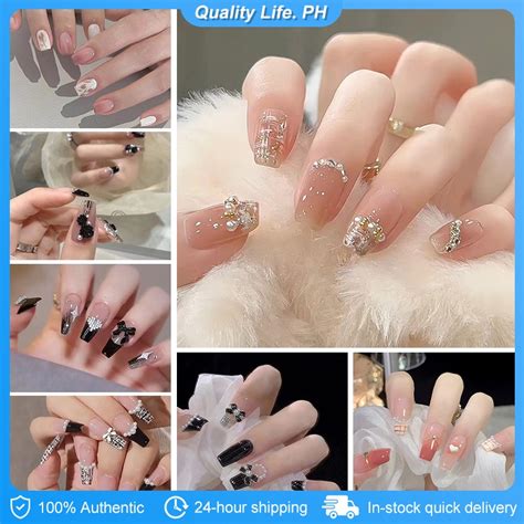 24pcs Fake Nails Set With Glue Rhinestone Artificial Fake Nails Set