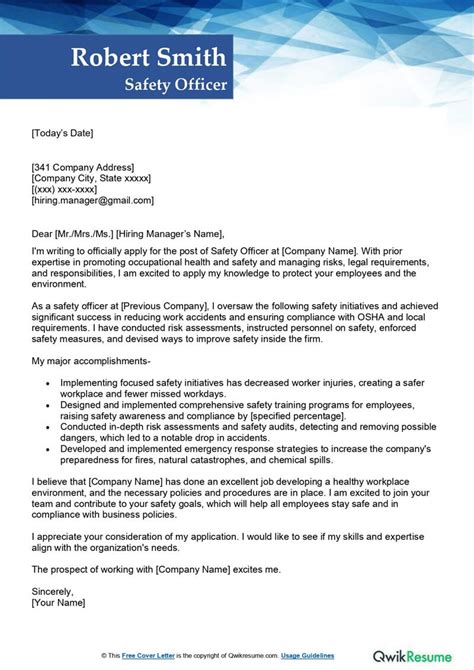 Safety Officer Cover Letter Examples Qwikresume