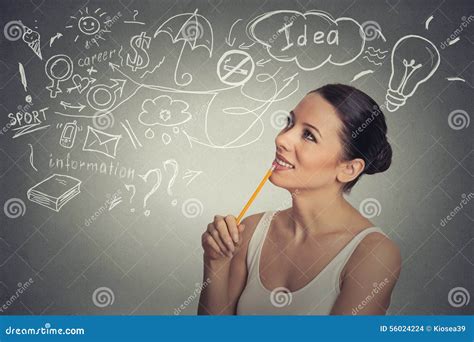 Woman Thinking Dreaming Has Many Ideas Looking Up Stock Photo Image