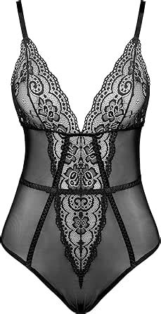 Amazon Womens Sexy Snap Crotch One Piece Lingerie Lace Teddy Mesh Bodysuit Clothing