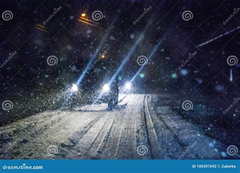 Night Snowstorm Car Lights stock photo. Image of hard - 100397692