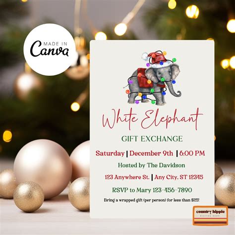 White Elephant Party Invitation Template Secret Santa Christmas Party Invite Simple Editable