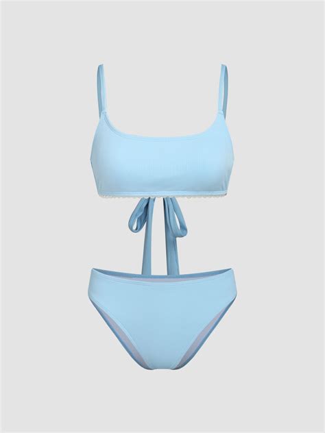 U Neckline Lace Knotted Bikini Swimsuit For Vacation Swimming Pool